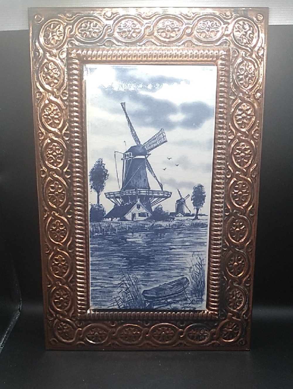 Vintage Delft Blue Holland Windmill Tile Artwork In Copper Frame (B7)